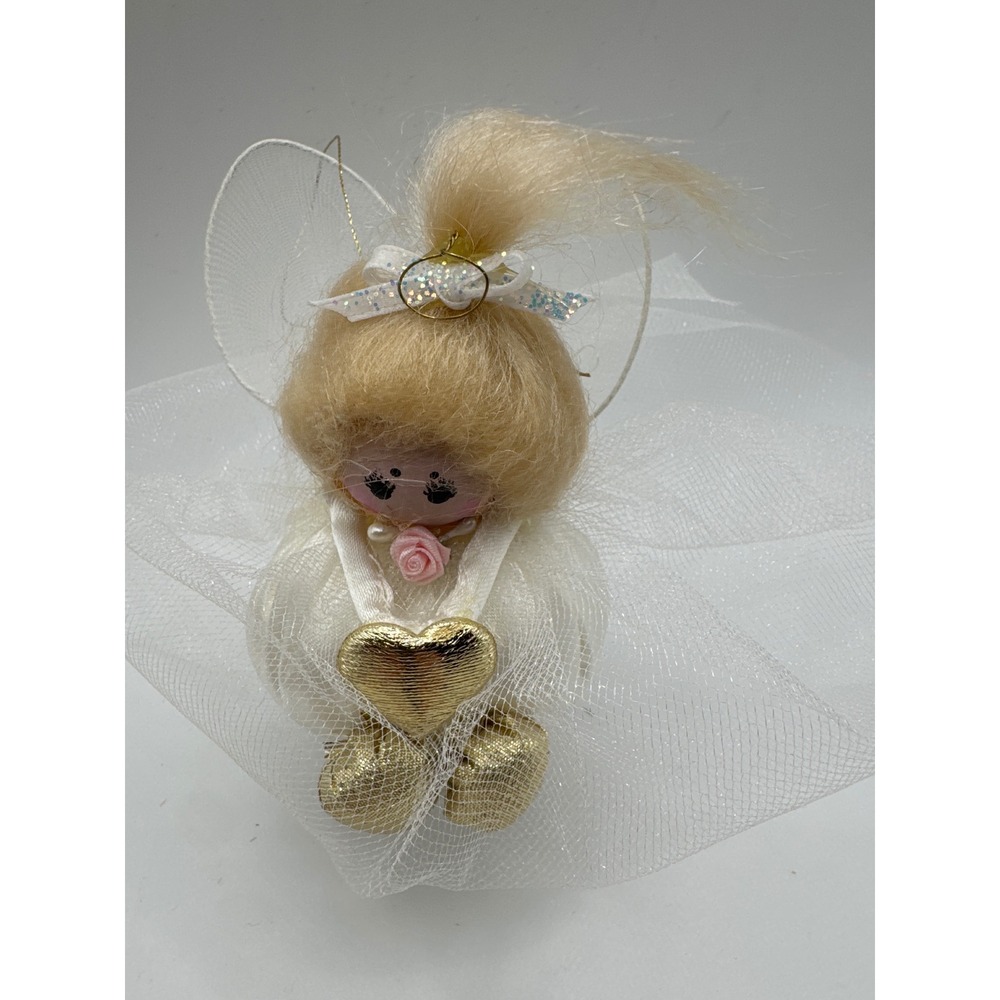 Vintage Style Whimsical Blonde Angel Ornament White Satin Gold Heart 4 Inch